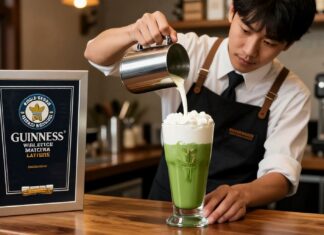 Barista gana premio Guinness por crear latte de matcha más grande del mundo.